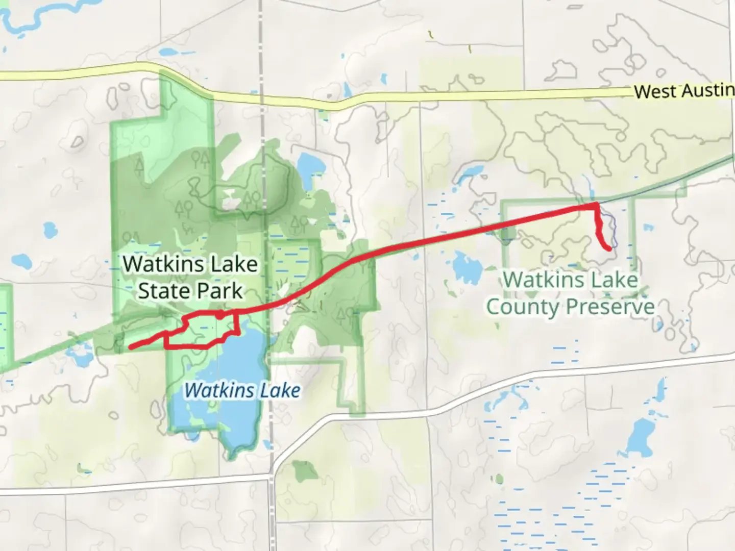 An image depicting the trail Red Trail, Yellow Trail and Watkins Lake and its surrounding area.