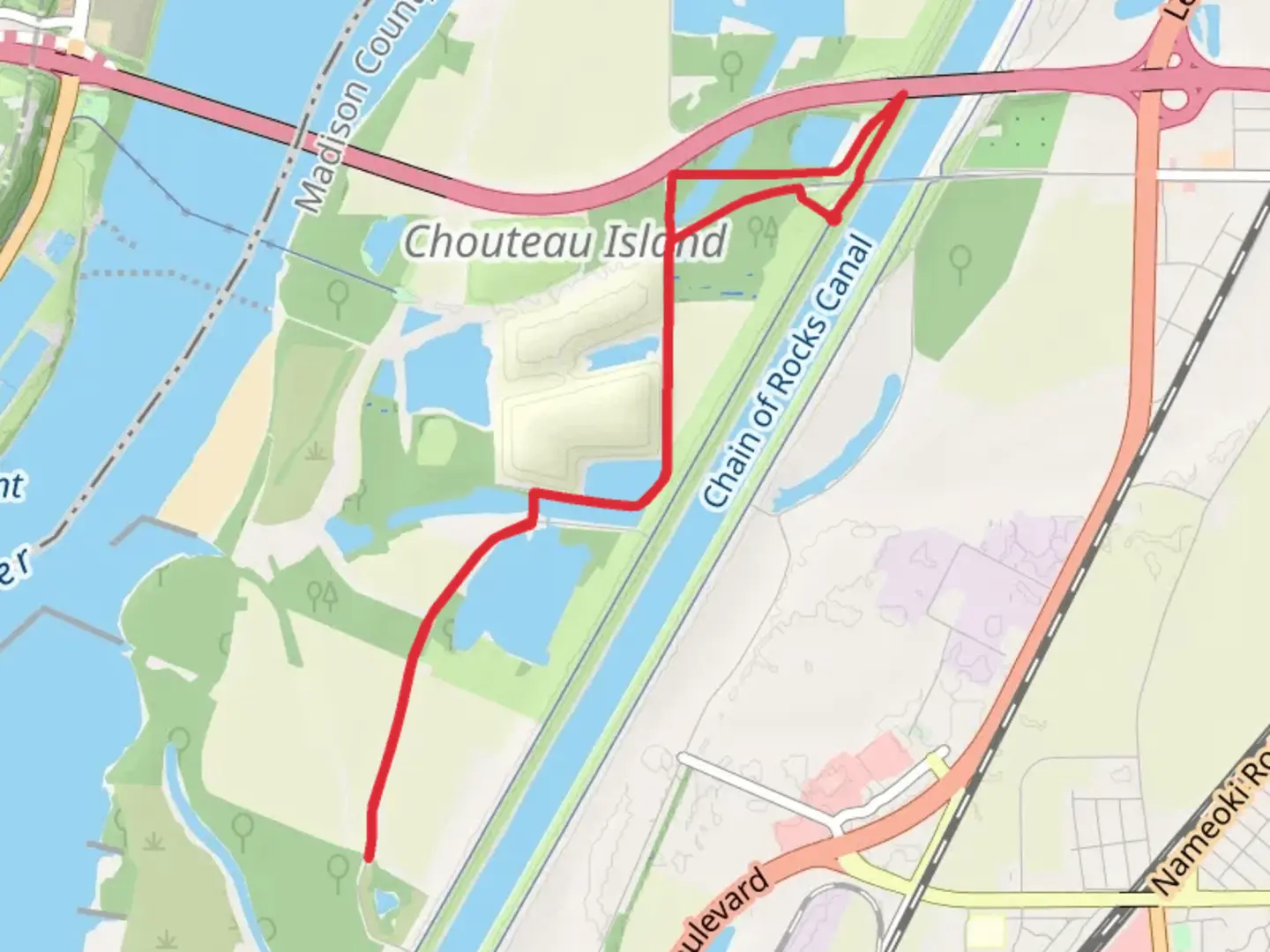 An image depicting the trail Walk along Chain of Rocks Canal and its surrounding area.