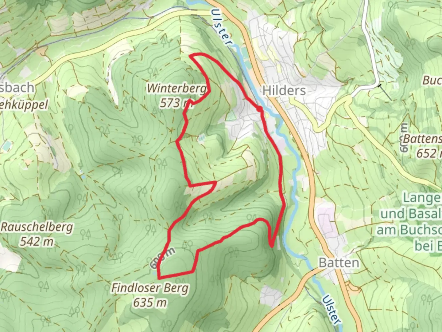 An image depicting the trail Hilders Rundwanderweg and Batten Rundweg Loop and its surrounding area.
