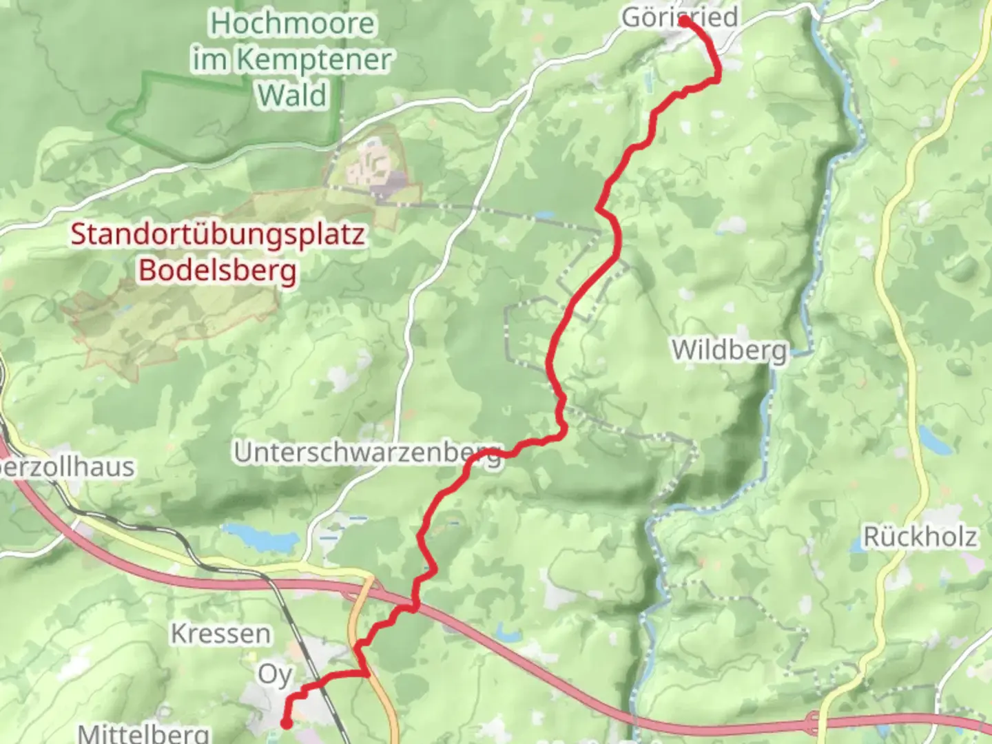 An image depicting the trail Görisried to Oy and its surrounding area.