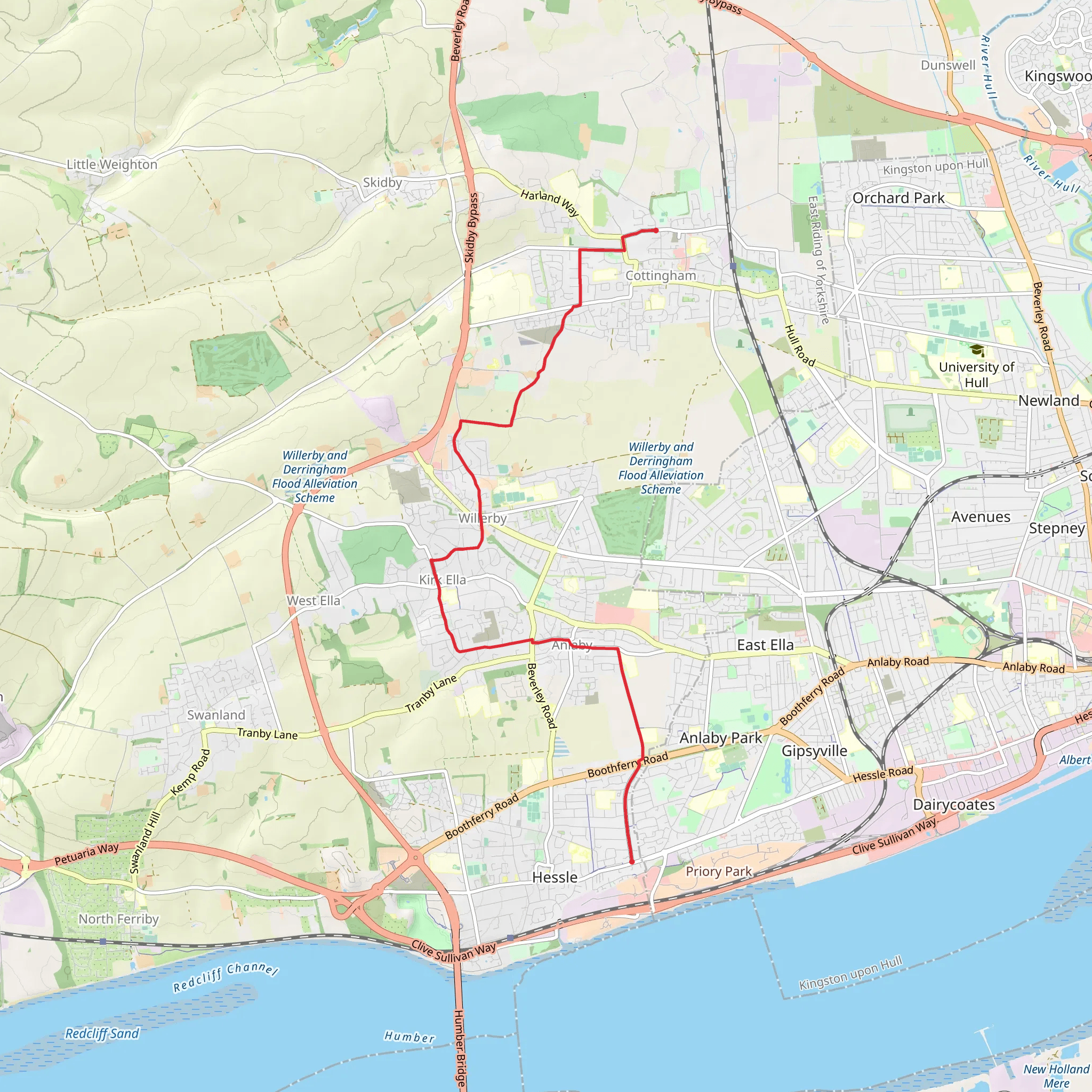 Cottingham to Hessle Walk mobile static map