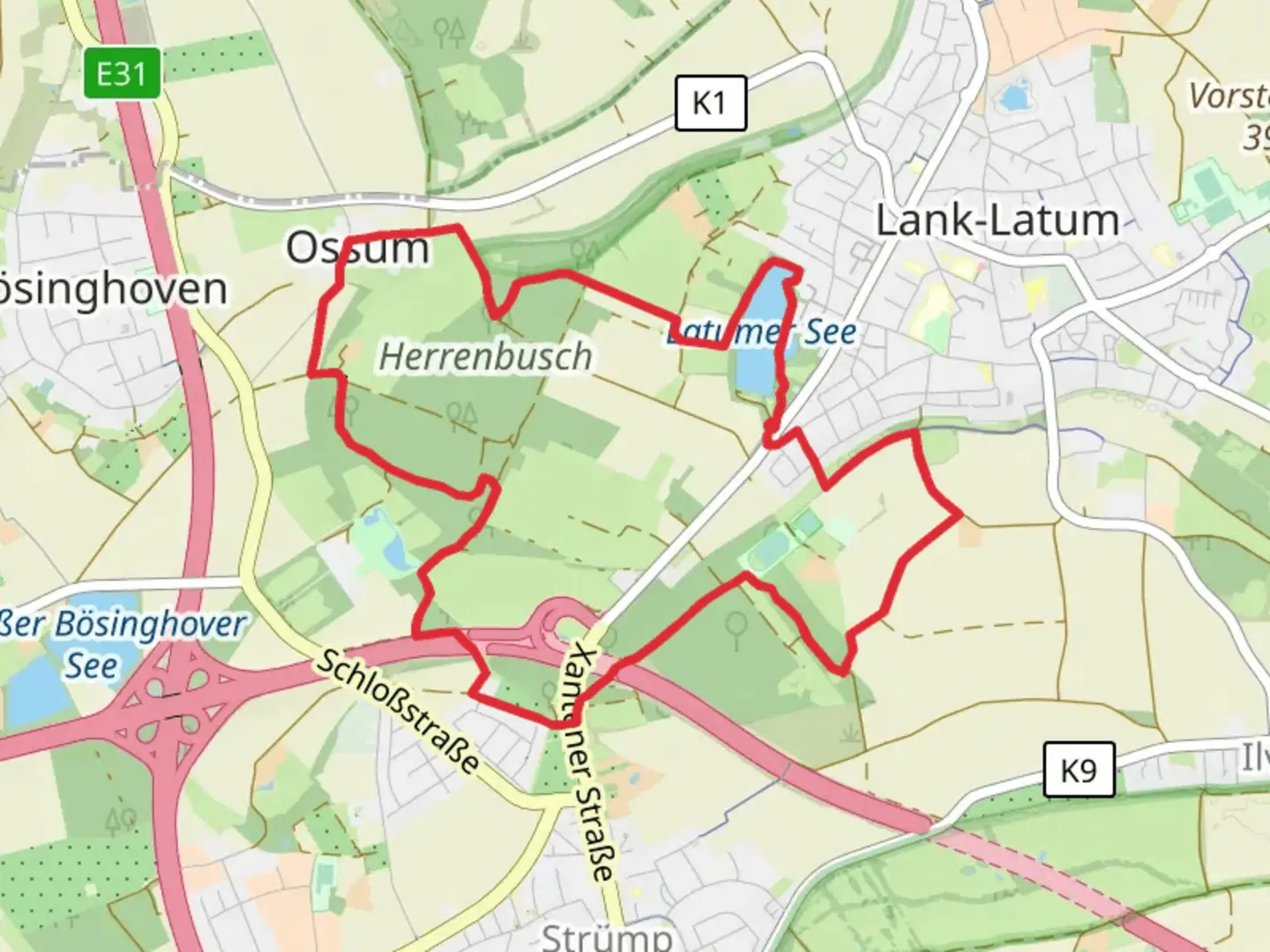 An image depicting the trail Herrenbusch and Latumer See Loop and its surrounding area.