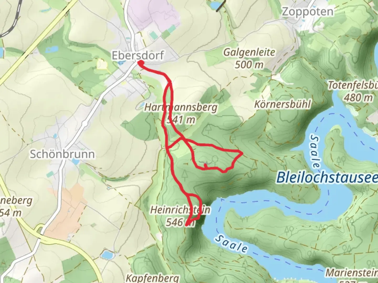 An image depicting the trail Frankenwaldblick via Mühlweg and its surrounding area.