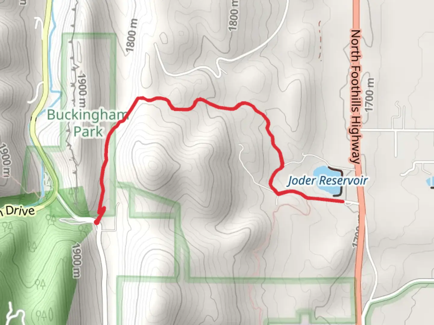 An image depicting the trail Joder Reservoir via Joder Ranch Trail and its surrounding area.