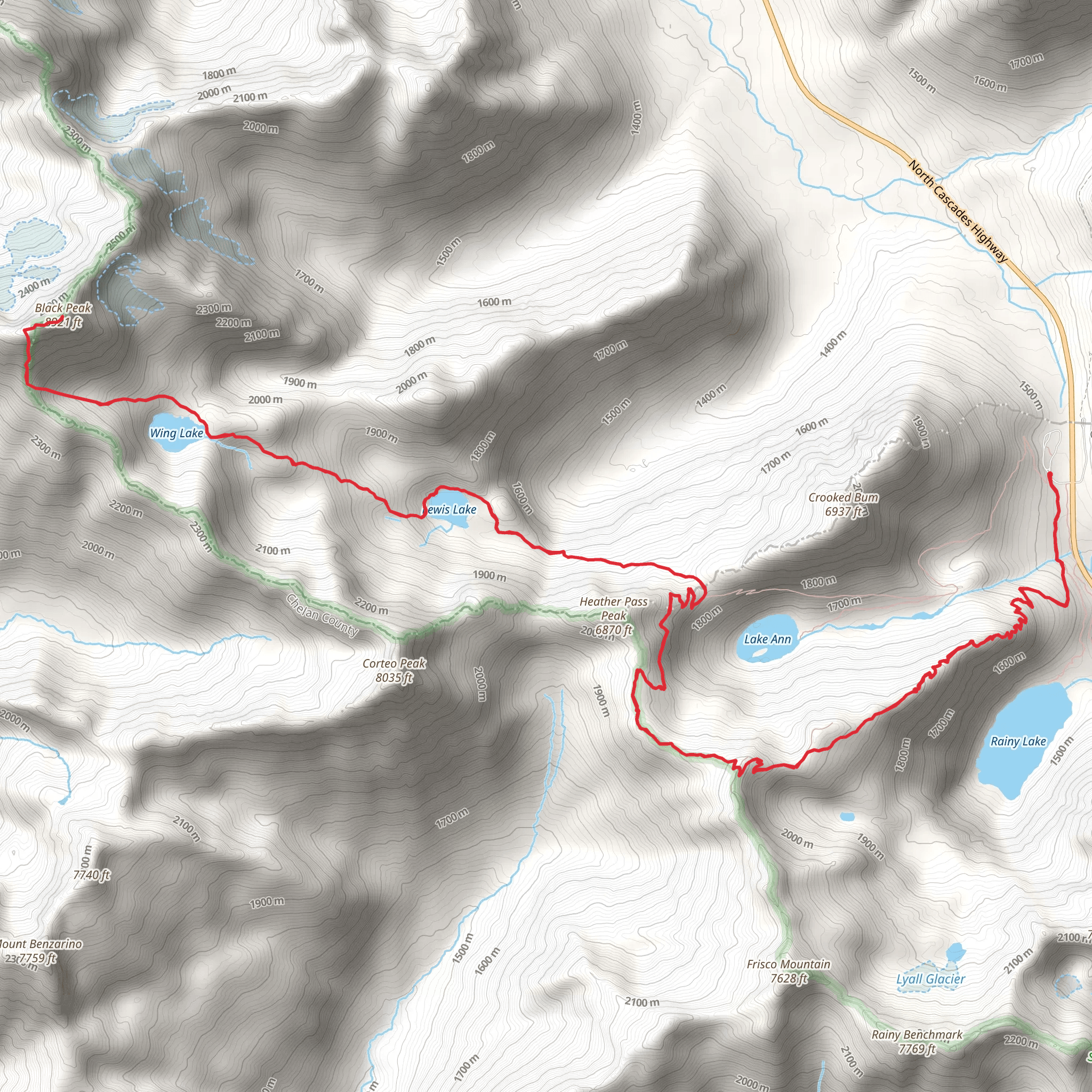 Black Peak, Wing Lake and Lewis Lake via Rainy Lake Trail mobile static map