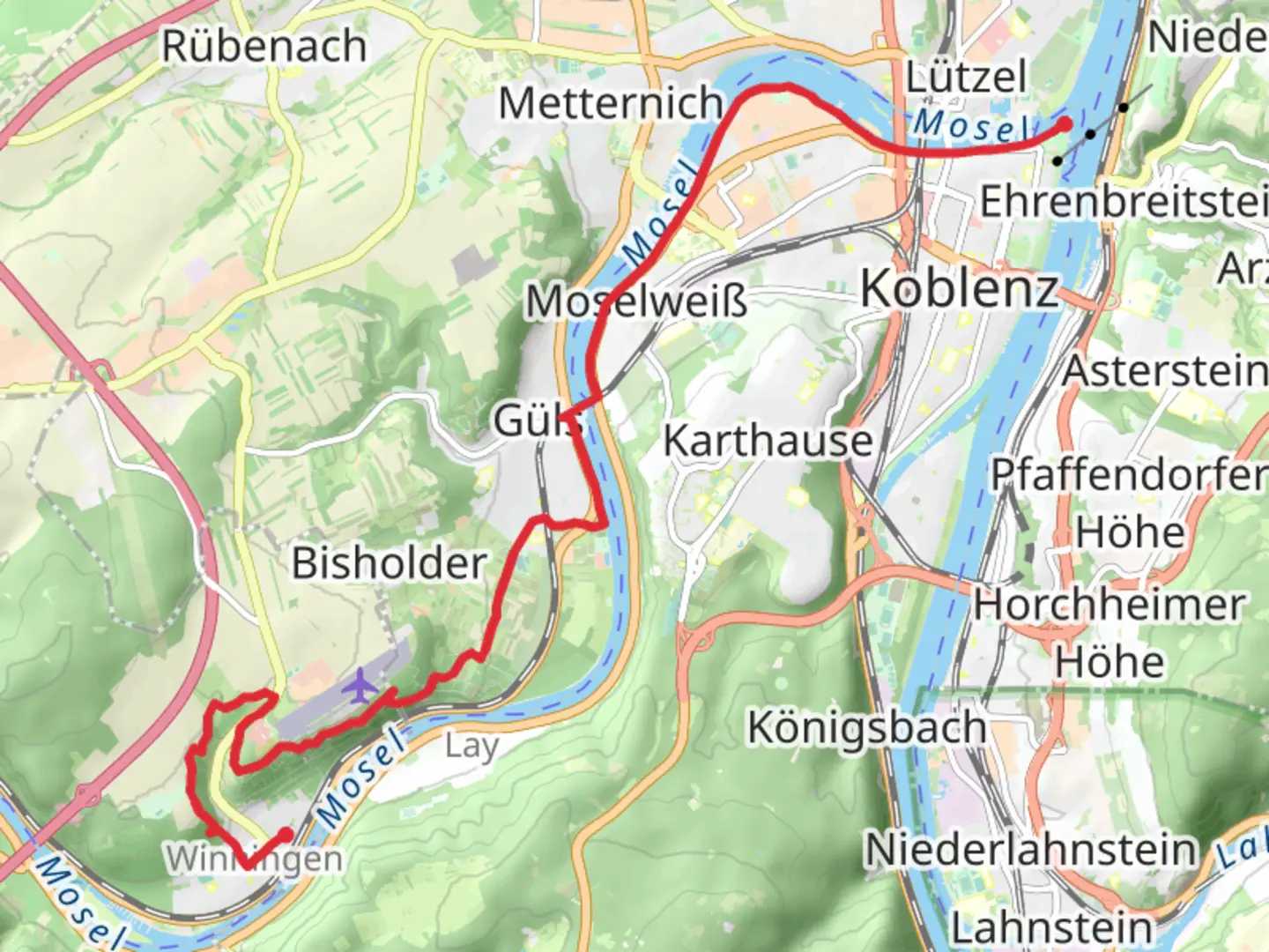 An image depicting the trail Winningen to Koblenz Walk via River Mosel and its surrounding area.