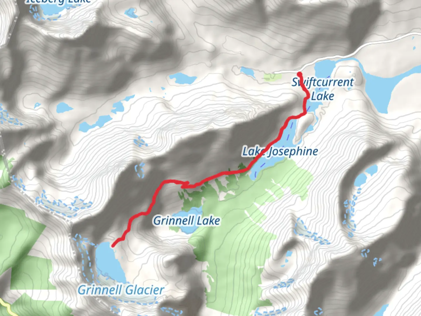 An image depicting the trail Swiftcurrent, Josephine, Grinnell and Upper Grinnell Lakes and its surrounding area.