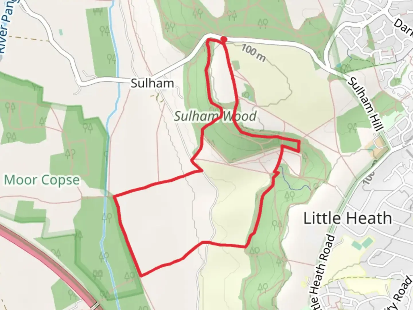 An image depicting the trail Sulham Wood Loop and its surrounding area.