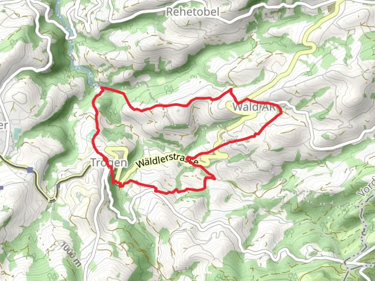 An image depicting the trail Trogen to Wald Loop and its surrounding area.