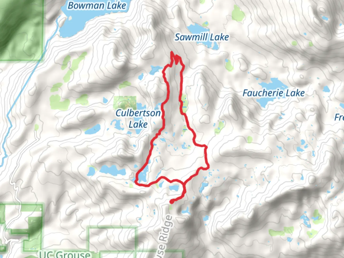 An image depicting the trail Grouse Ridge, Island Lake and Crooked Lake Loop Trail and its surrounding area.