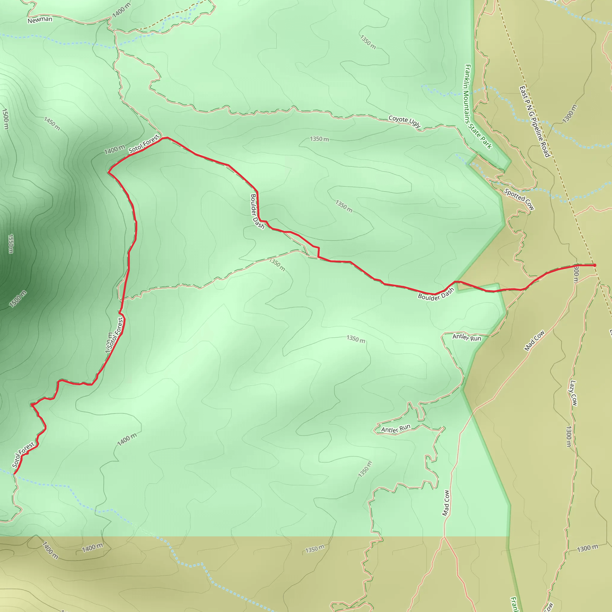 Coyote Ugly and Sotol Forest Out and Back mobile static map