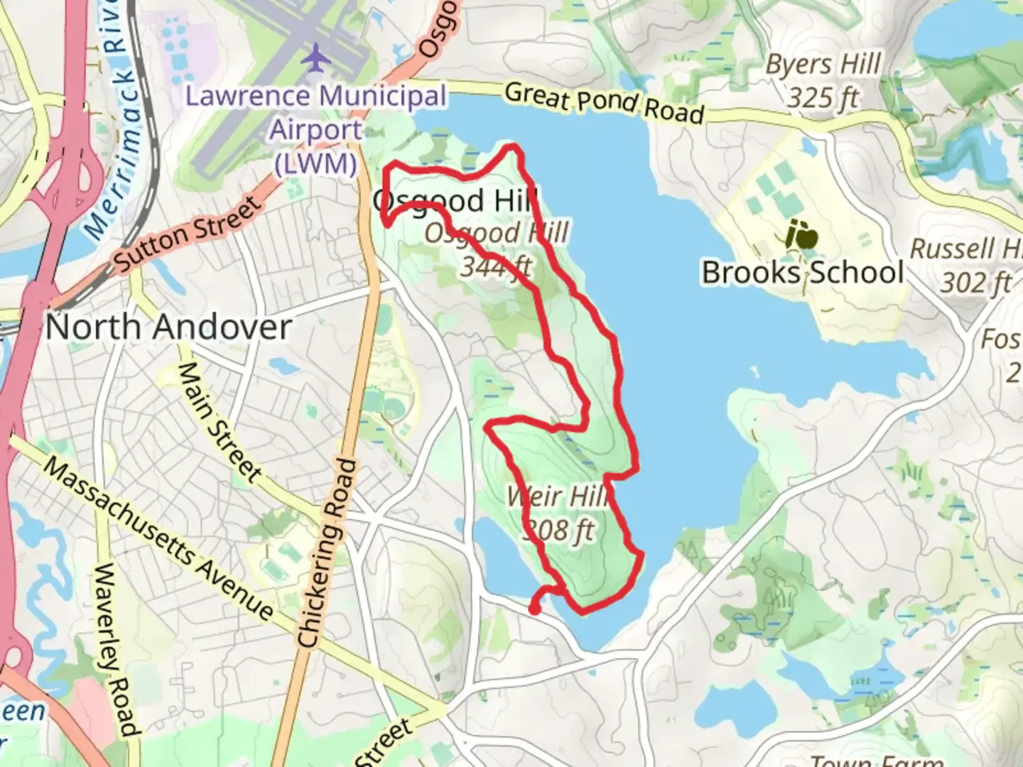 An image depicting the trail Osgood Hill and Lake Cochichewick Loop and its surrounding area.