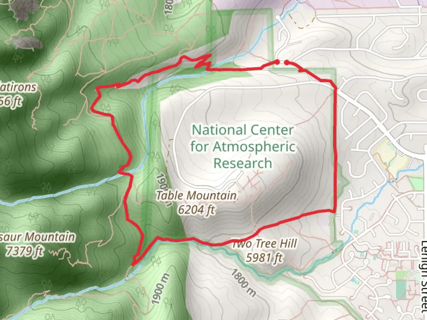 An image depicting the trail Skunk Canyon and NCAR Bear Canyon Loop Trail and its surrounding area.