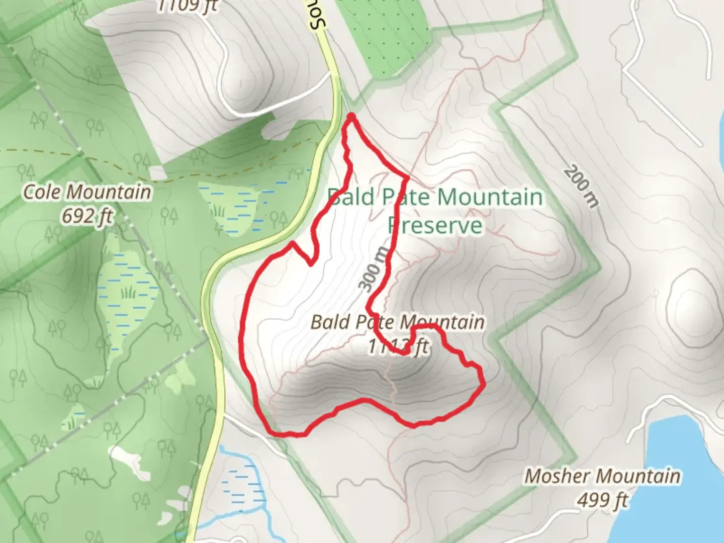 An image depicting the trail Bald Pate Mountain Loop from South Bridgton Road and its surrounding area.