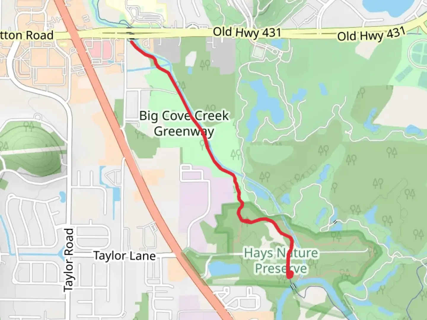 An image depicting the trail Big Cove Greenway from Hays Nature Preserve and its surrounding area.