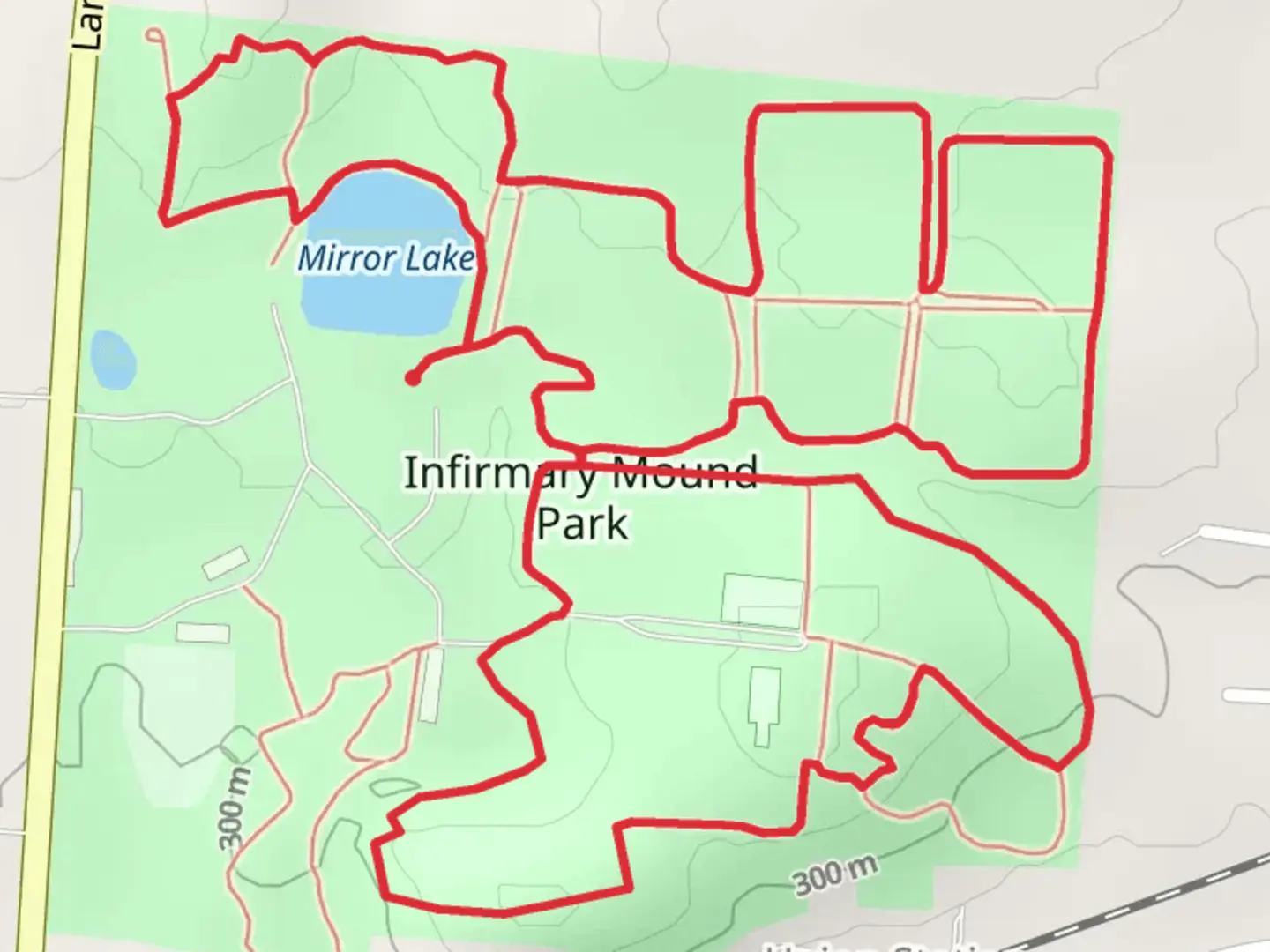 An image depicting the trail Mirror Lake and Infirmary Mound Park Loop and its surrounding area.