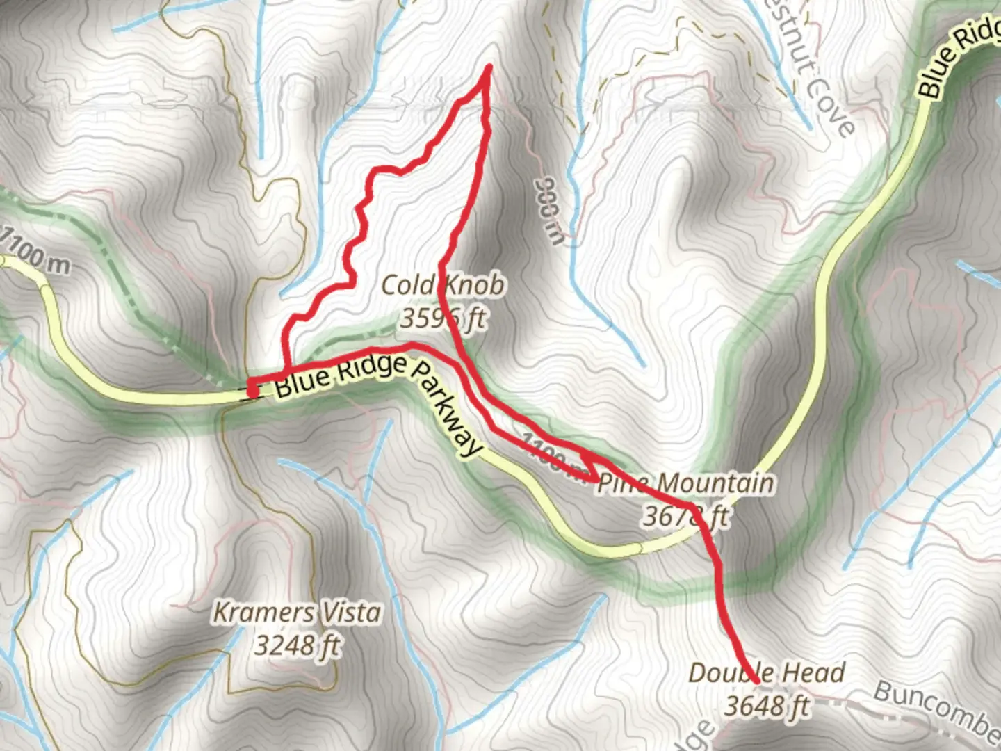 An image depicting the trail Double Head, Pine Mountain and Cold Knob Loop and its surrounding area.