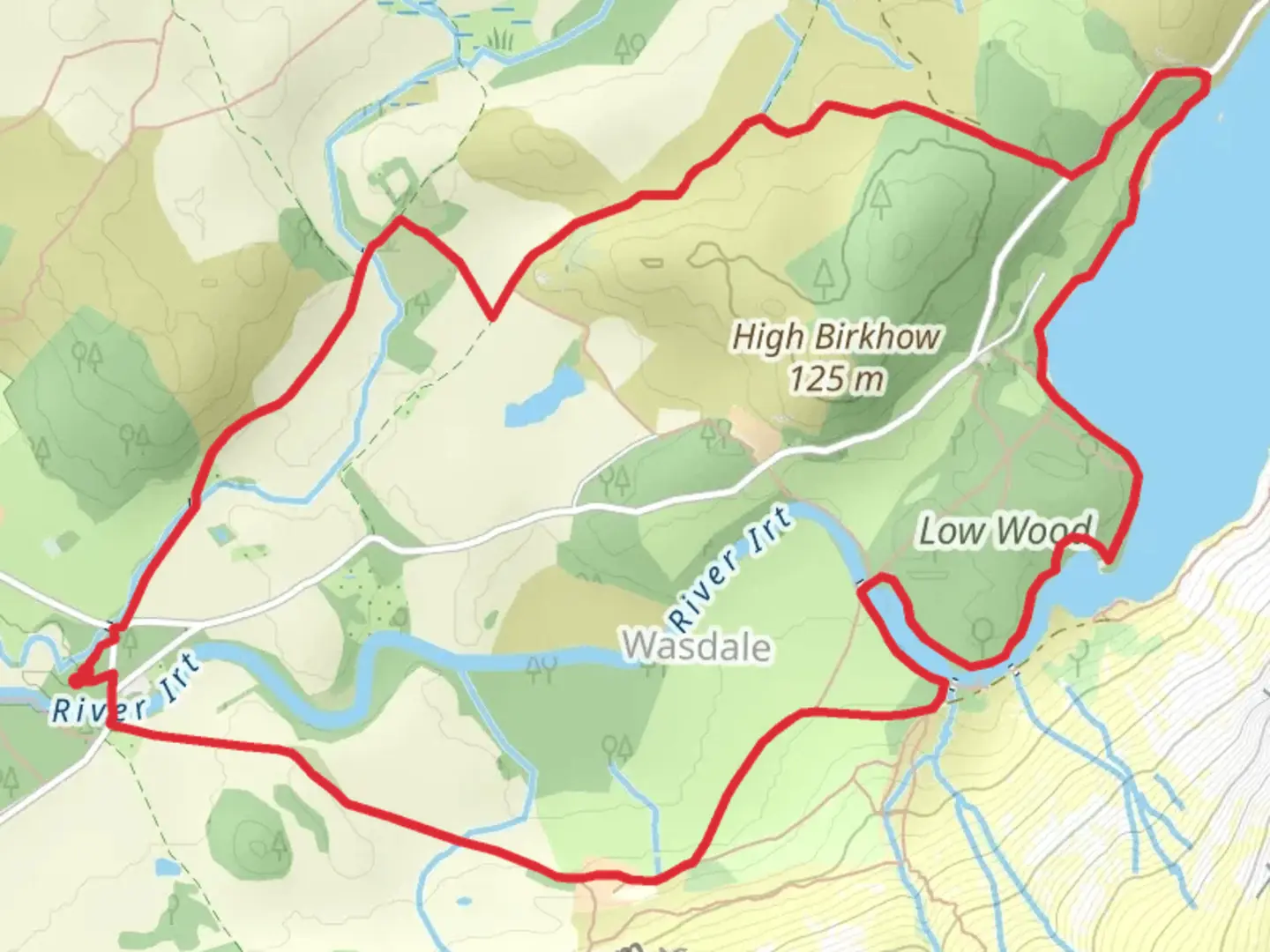 An image depicting the trail Wasdale Hall, Low Wood and Wast Water Loop and its surrounding area.