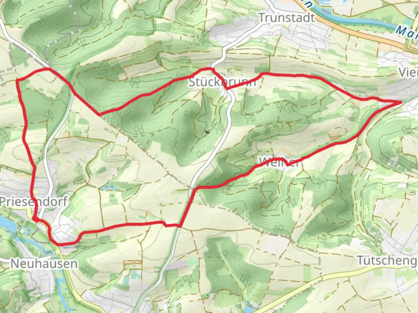 An image depicting the trail Weiherer Weg and Viereth Trunstadt and its surrounding area.