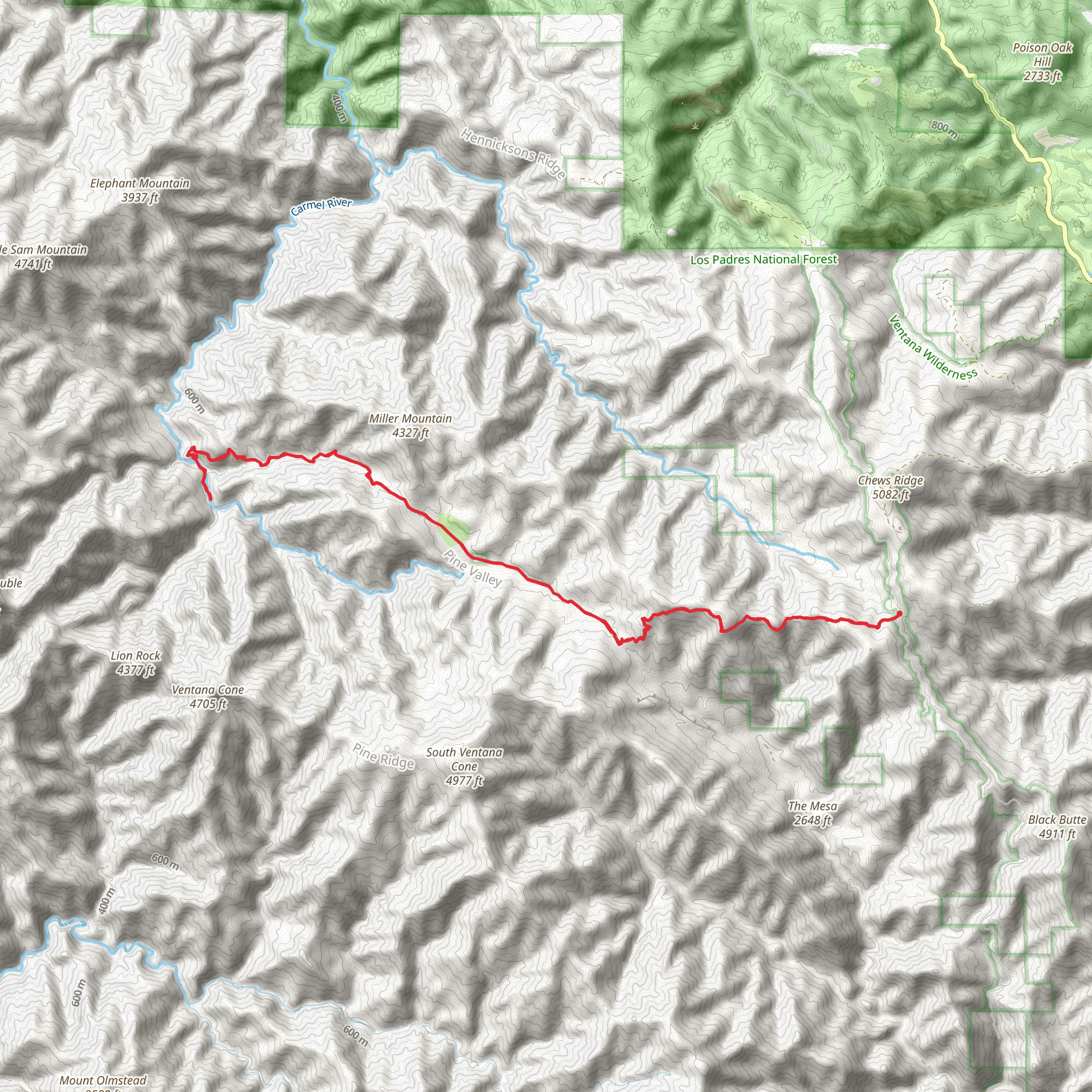 Round Rock Camp via Pine Ridge Trail and Carmel River Trail mobile static map