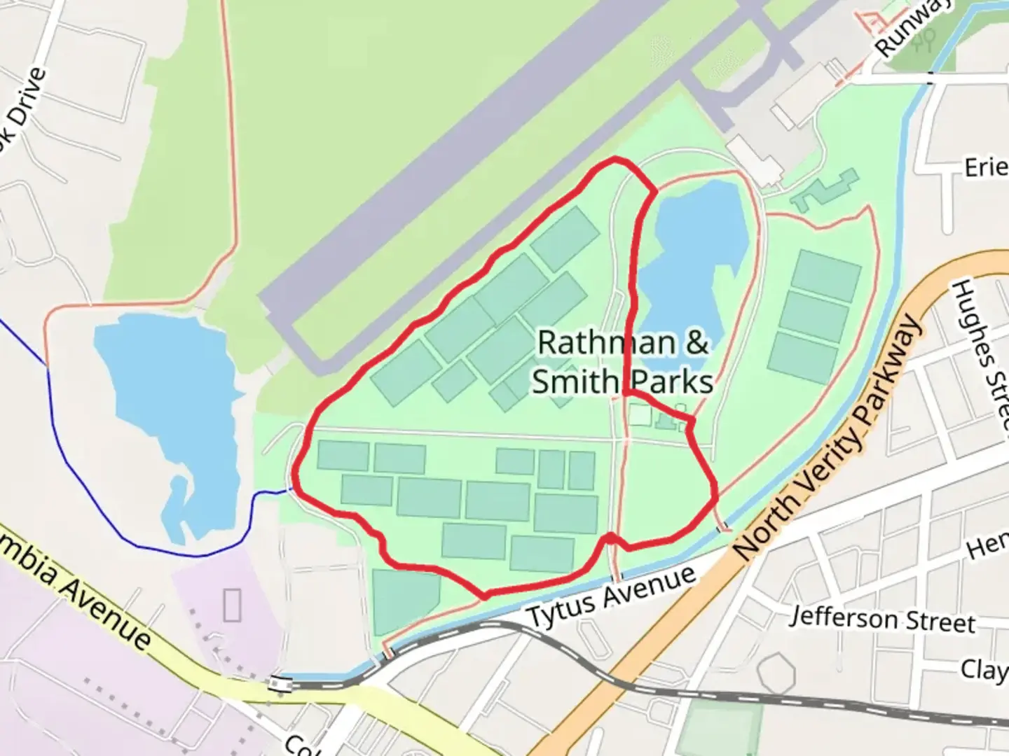 An image depicting the trail Ratman and Smith Parks Loop and its surrounding area.