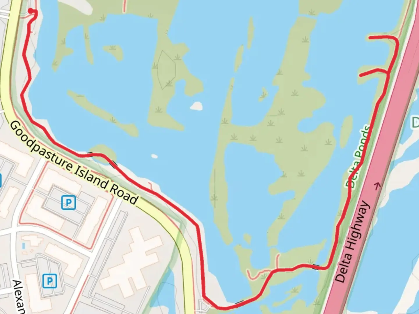 An image depicting the trail Goodpasture Island Road and its surrounding area.
