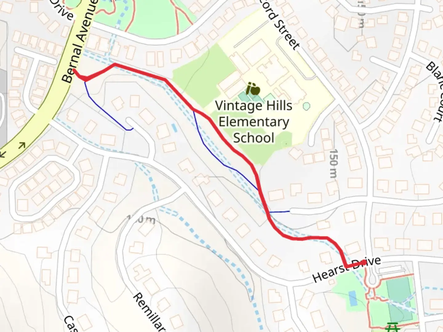 An image depicting the trail Walk beside Hearst Drive and its surrounding area.