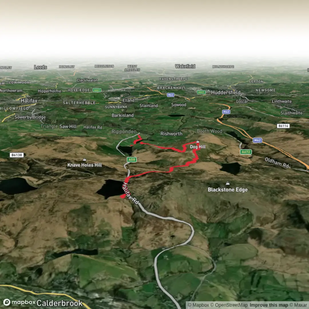 An image depicting the trail Whitehouse, Dog Hill and Ryburn Reservoir and its surrounding area.