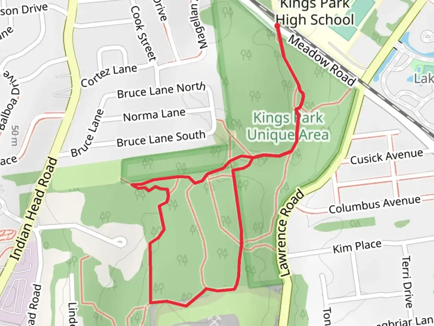 An image depicting the trail Kings Park Unique Area Loop Trail and its surrounding area.