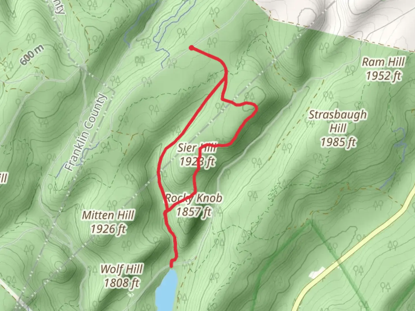 An image depicting the trail Rocky Knob Trail to Long Pine Run Reservoir Loop Trail via Sier Hill and its surrounding area.