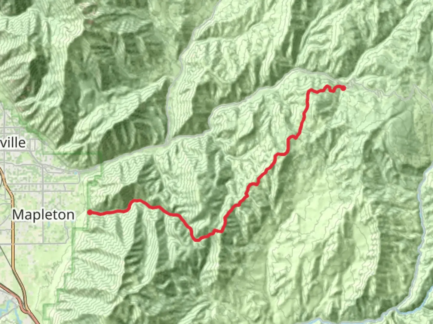 An image depicting the trail Left Fork Maple Canyon Trail and Mapleton Sawmill Hollow Trail and its surrounding area.