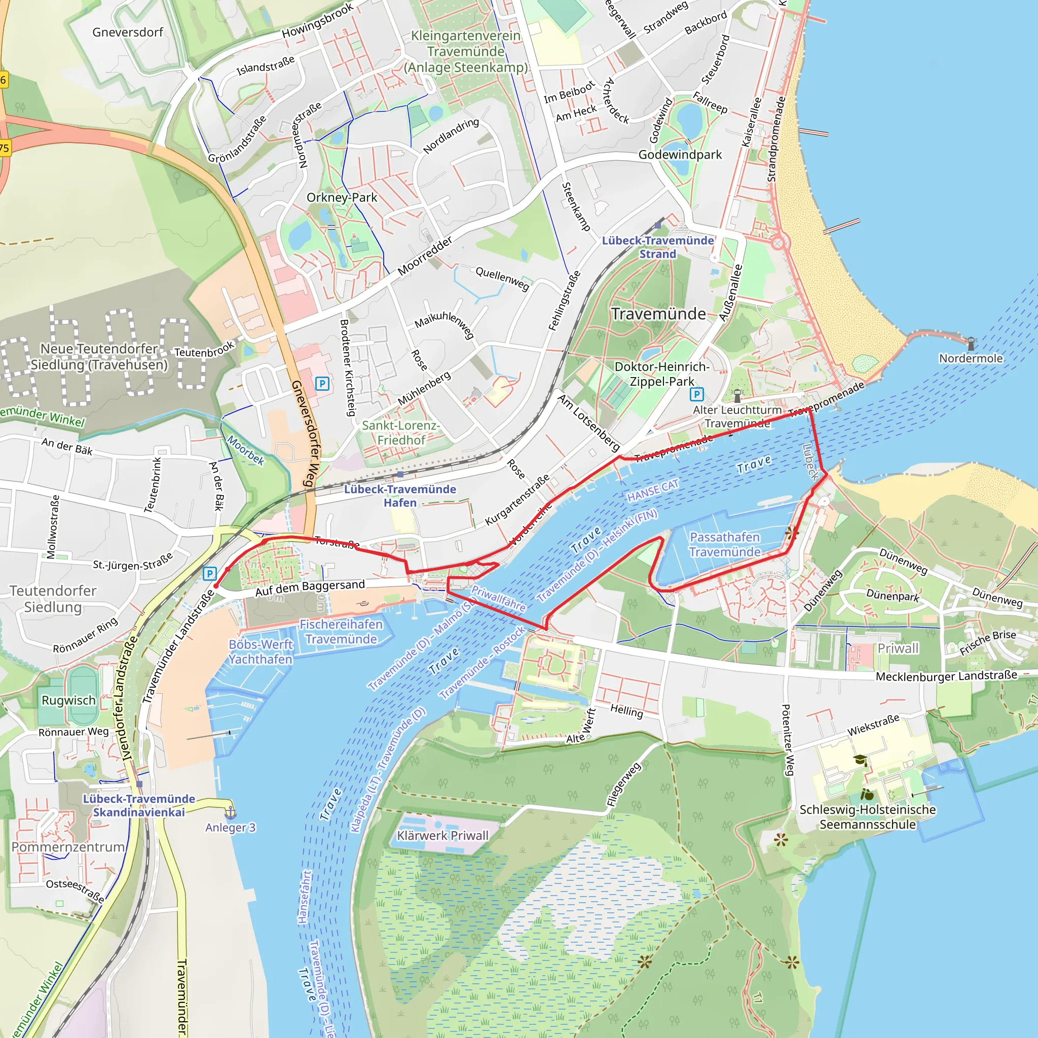 Trave via Priwallpromenade and Am Priwallhafen mobile static map