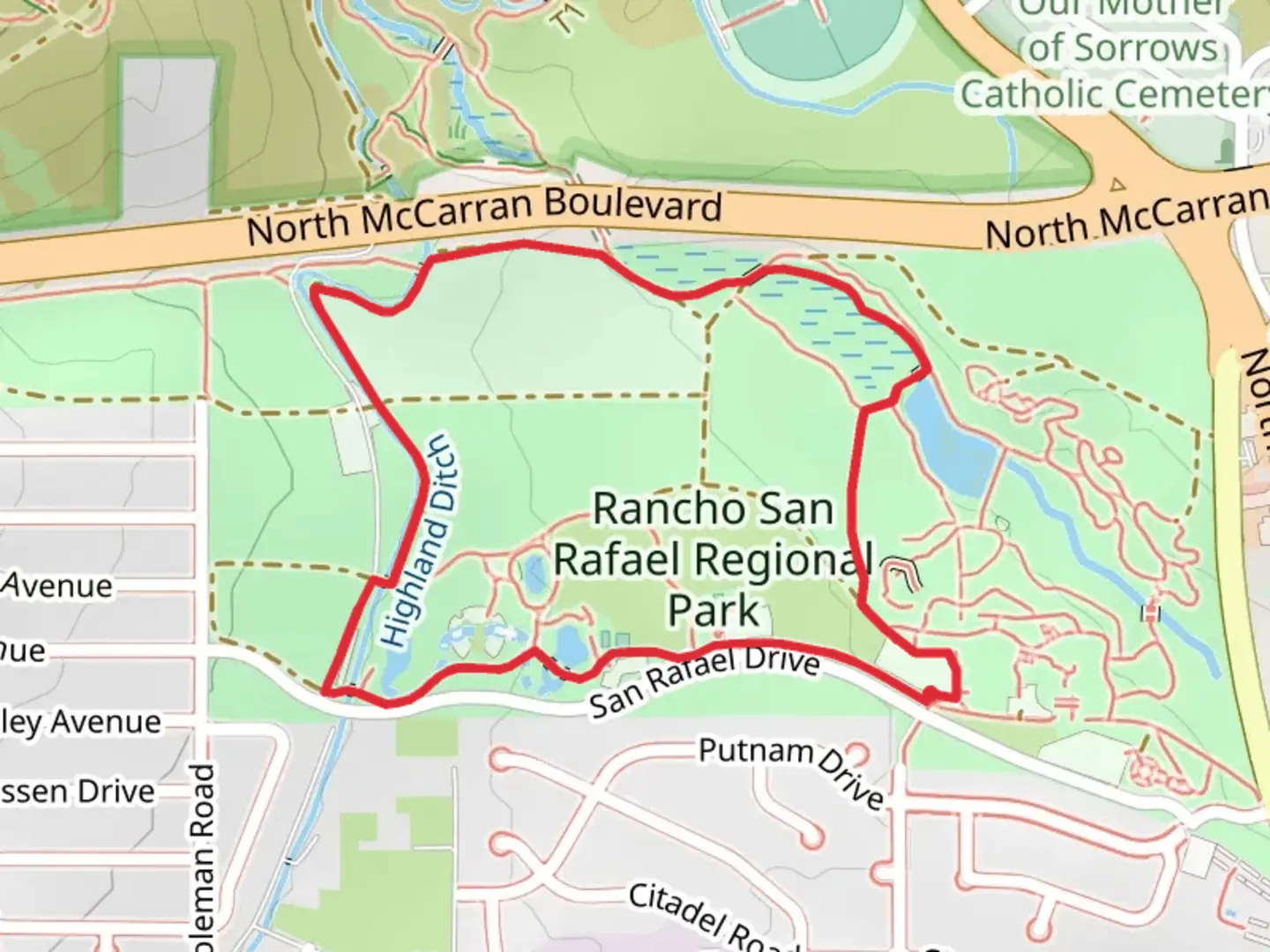 An image depicting the trail Rancho San Rafael Regional Park Loop and its surrounding area.