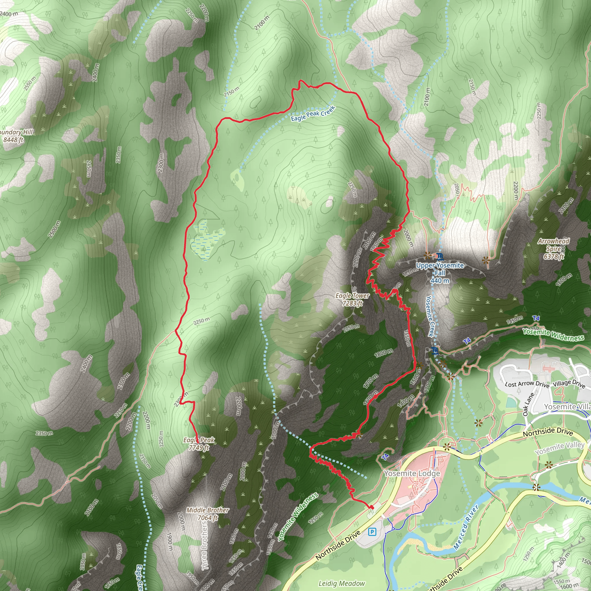 Eagle Peak and Creek via Upper Yosemite Fall Trail mobile static map