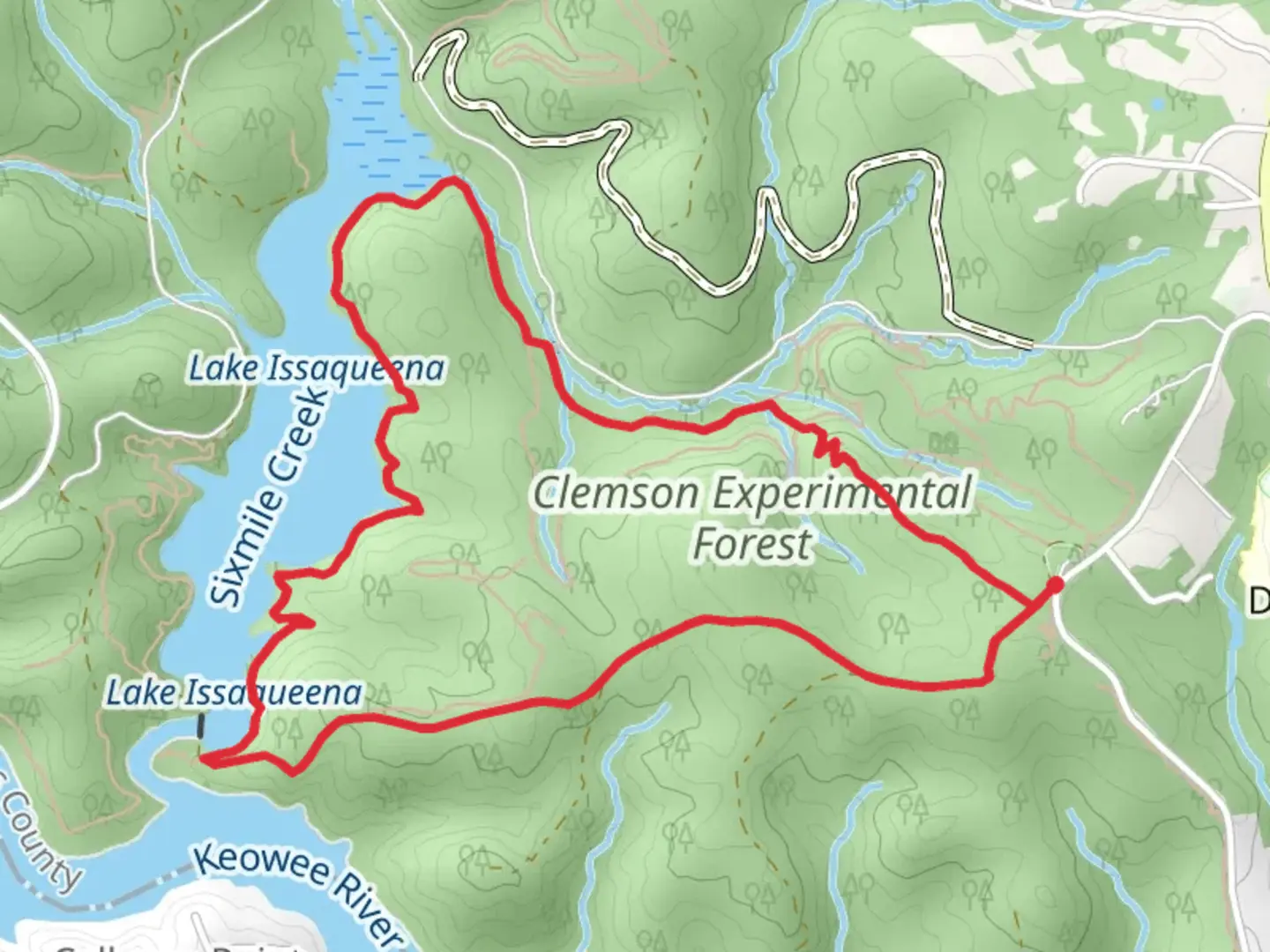 An image depicting the trail Issaqueena Lake, Collarbone Trail and Dam Road Loop and its surrounding area.