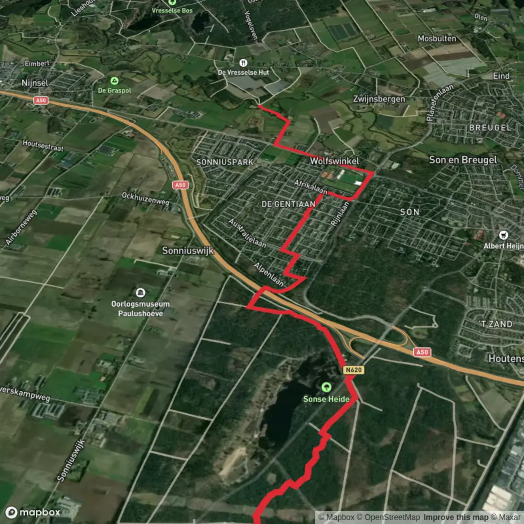 An image depicting the trail Hoberg to Son en Breugel via Oud Meer and its surrounding area.