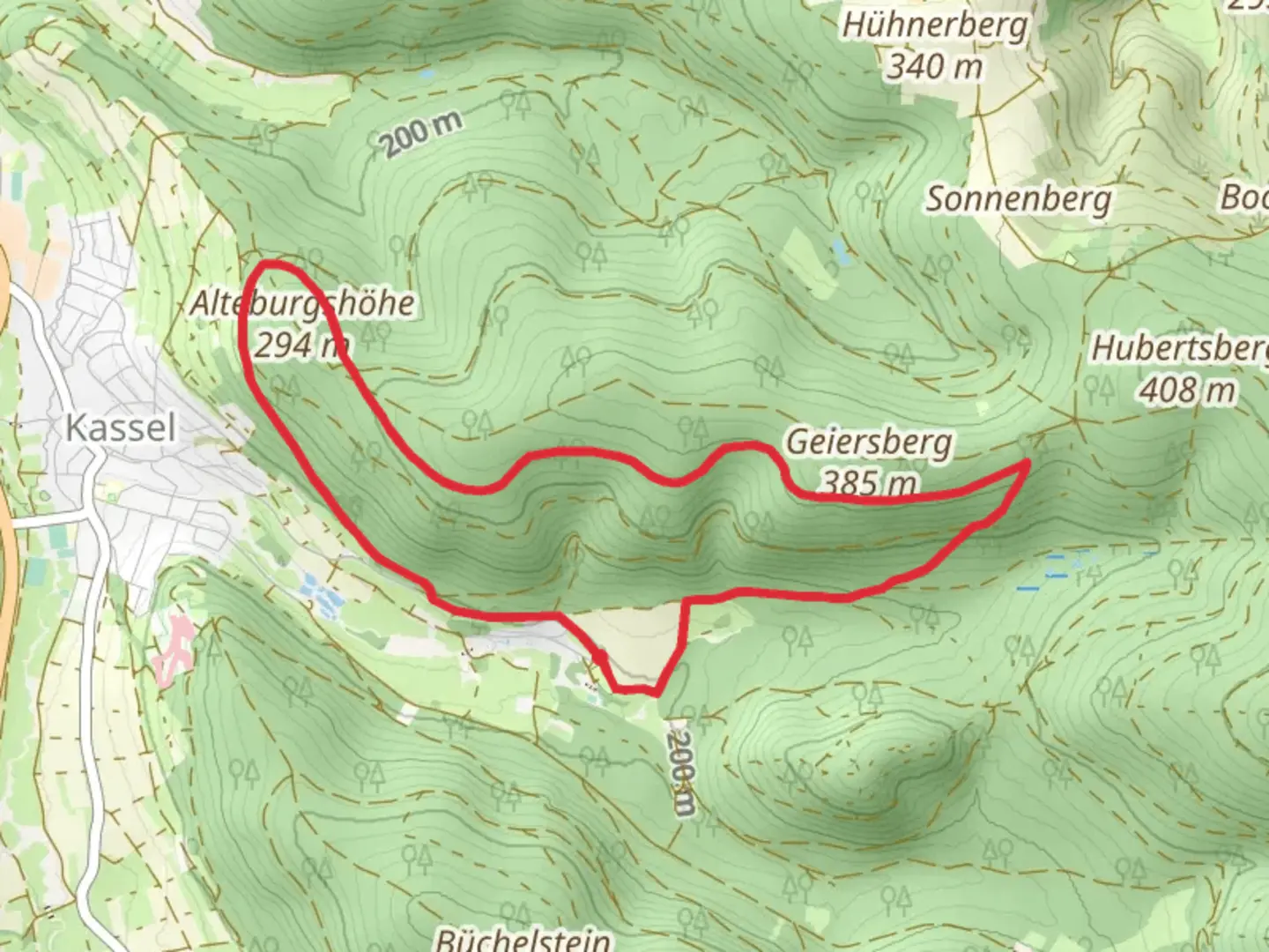 An image depicting the trail Gunthersmuhle and Alteburgshohe Loop via Kassel Forst and its surrounding area.