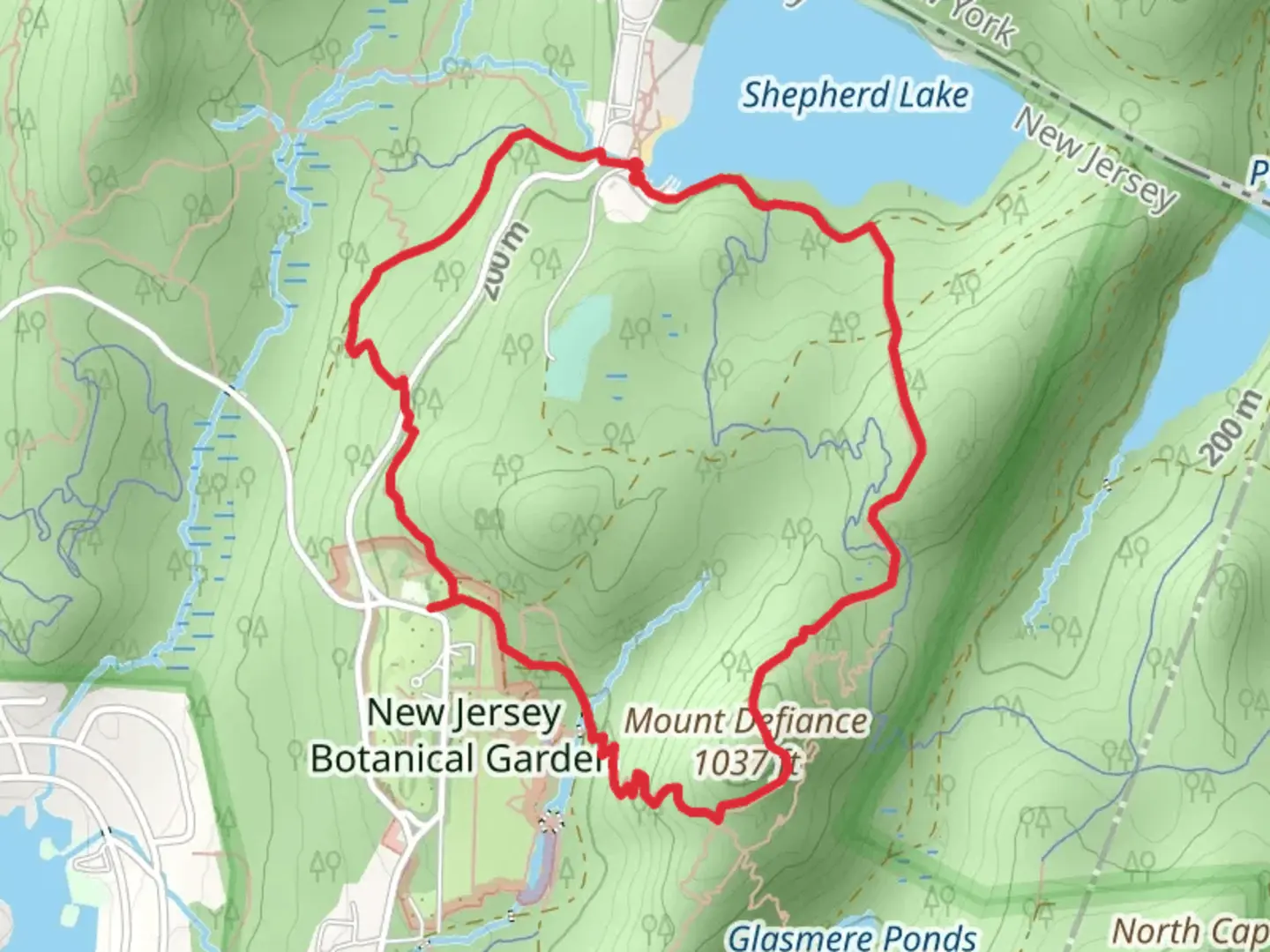 An image depicting the trail Ringwood-Ramapo, Mount Defiance and White Loop Trail and its surrounding area.