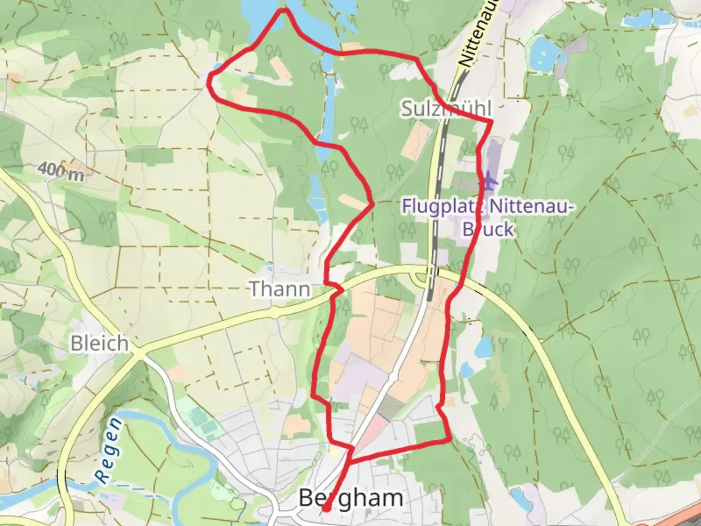 An image depicting the trail Oberpfalzweg, Stadlweiher and Thann-weiher and its surrounding area.