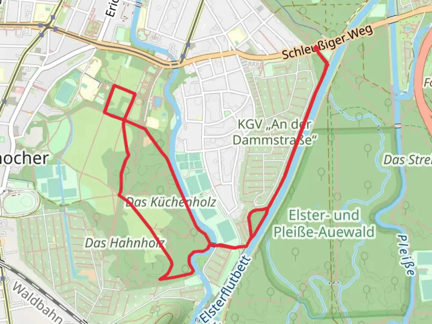 An image depicting the trail Volkspark Kleonzschocher via Shoreway and its surrounding area.
