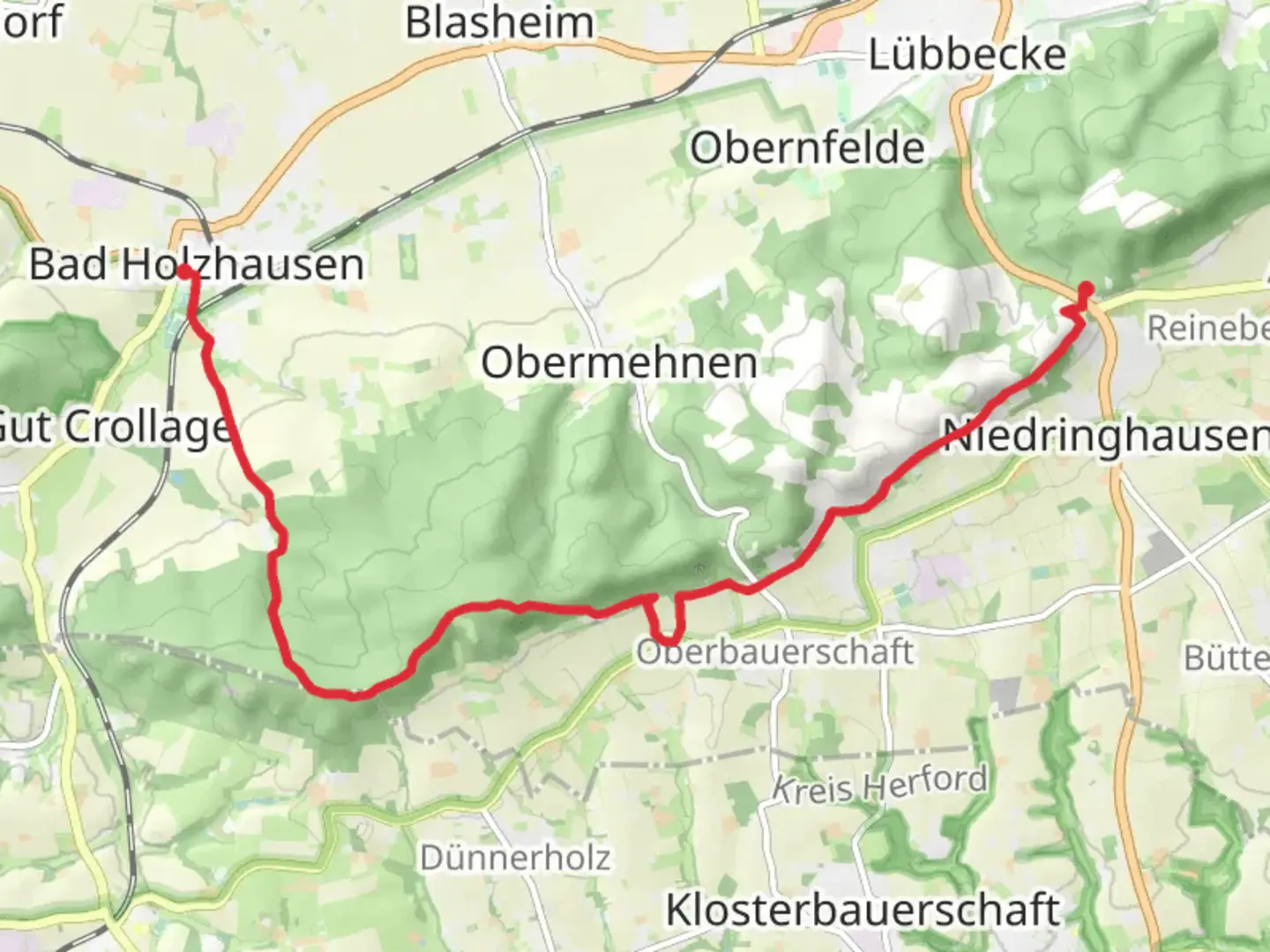 An image depicting the trail Bad Holzhausen to Reineberg via Muehlensteig and its surrounding area.