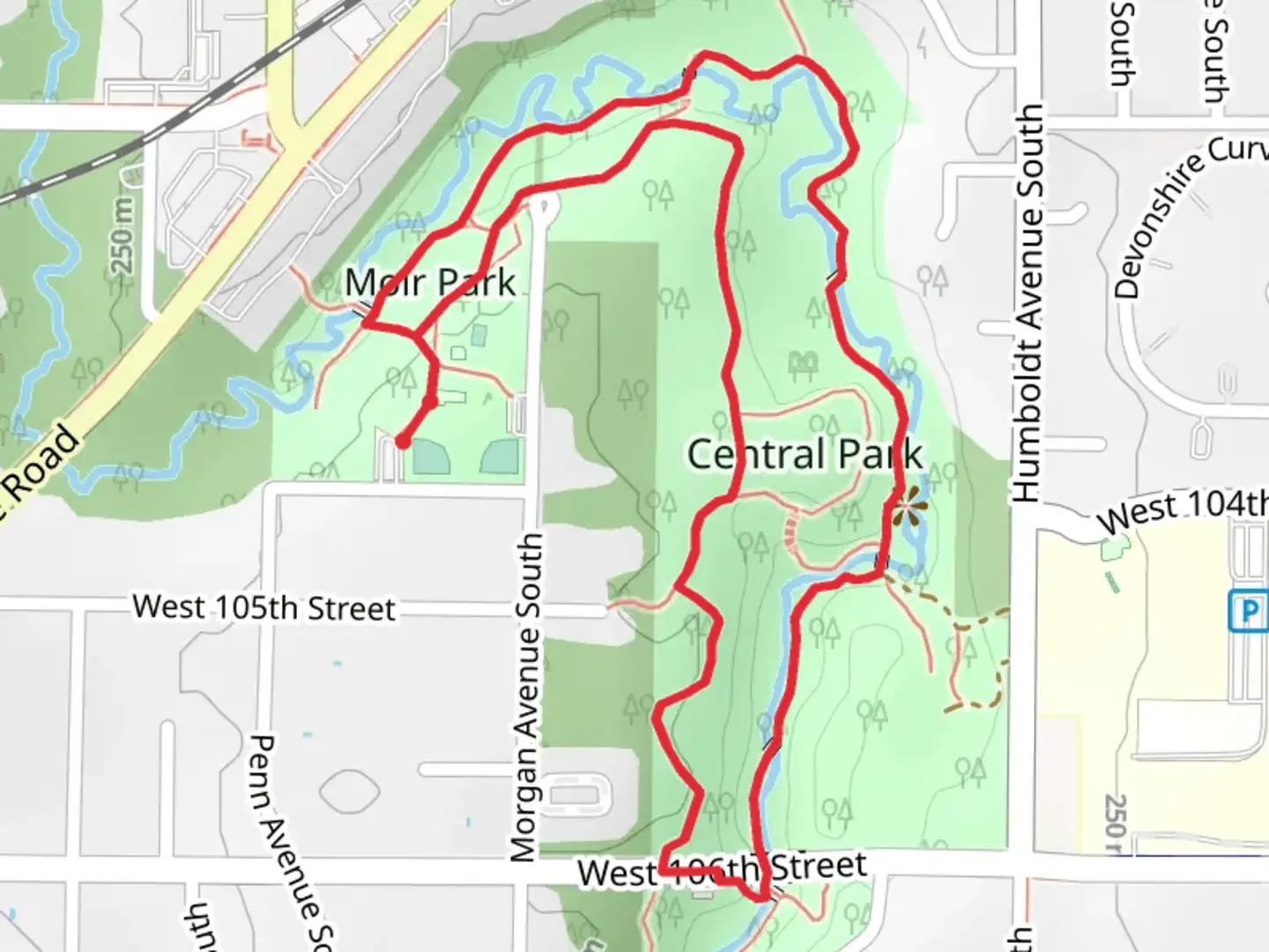 An image depicting the trail Moir Park and Central Park Loop and its surrounding area.
