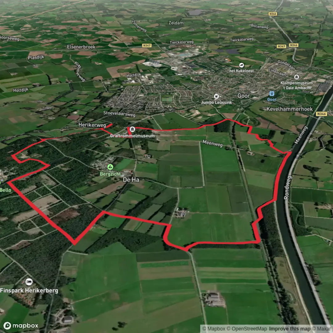 An image depicting the trail Uitzichttoren, Herikervlier and Heriker Loop and its surrounding area.