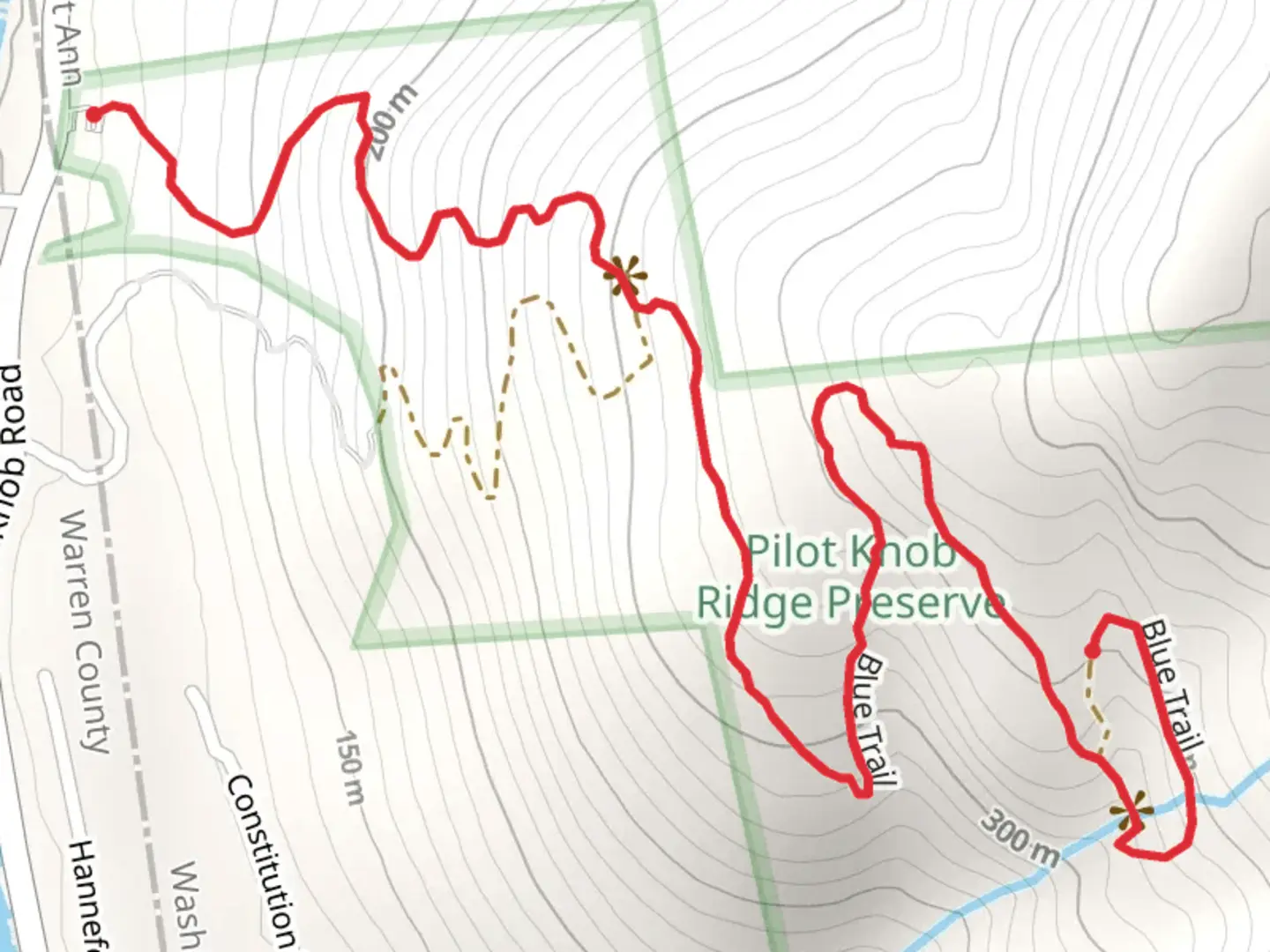 An image depicting the trail Orange and Blue Trail Loop via Pilot Knob Road and its surrounding area.