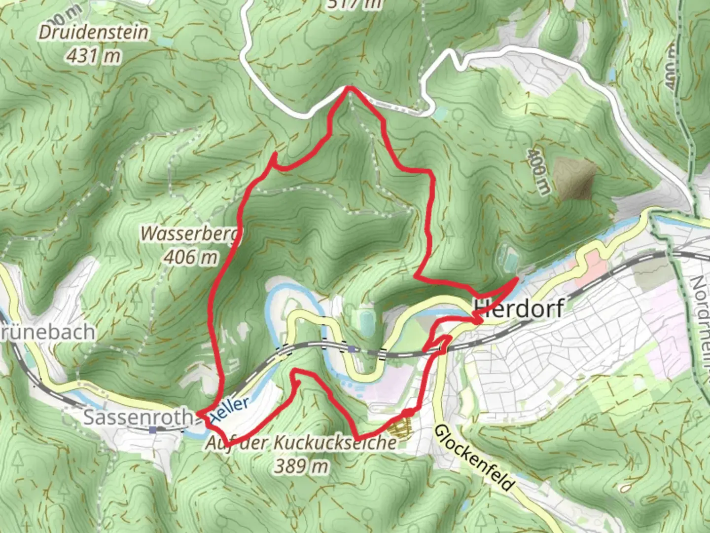 An image depicting the trail Druidensteig Loop and its surrounding area.