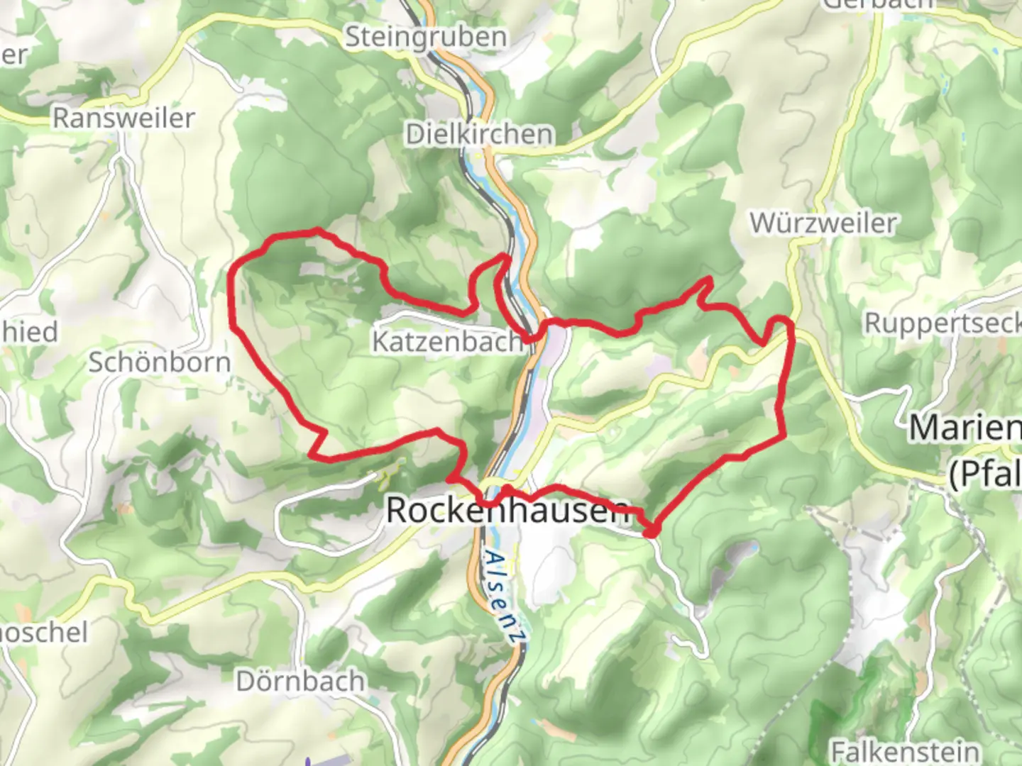An image depicting the trail Rockenhausen and Katzenbach Loop and its surrounding area.