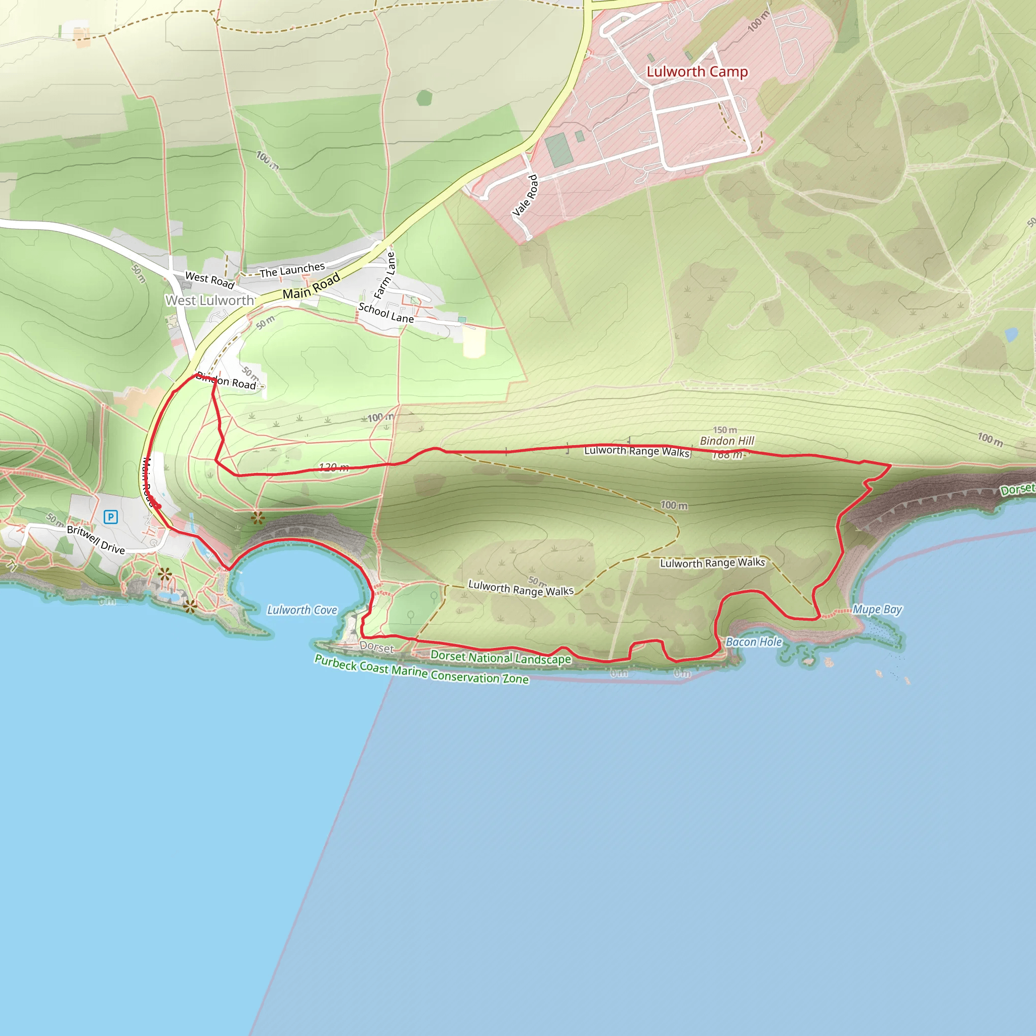 Bindon Hill and The Fossil Forest from Lulworth mobile static map