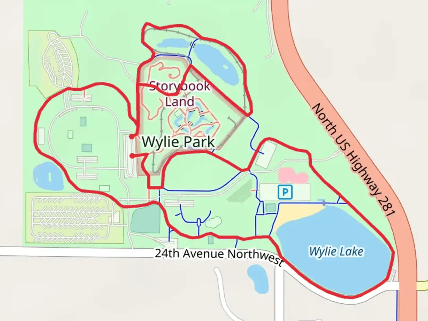 An image depicting the trail Wylie Lake and Wylie Park Loop and its surrounding area.