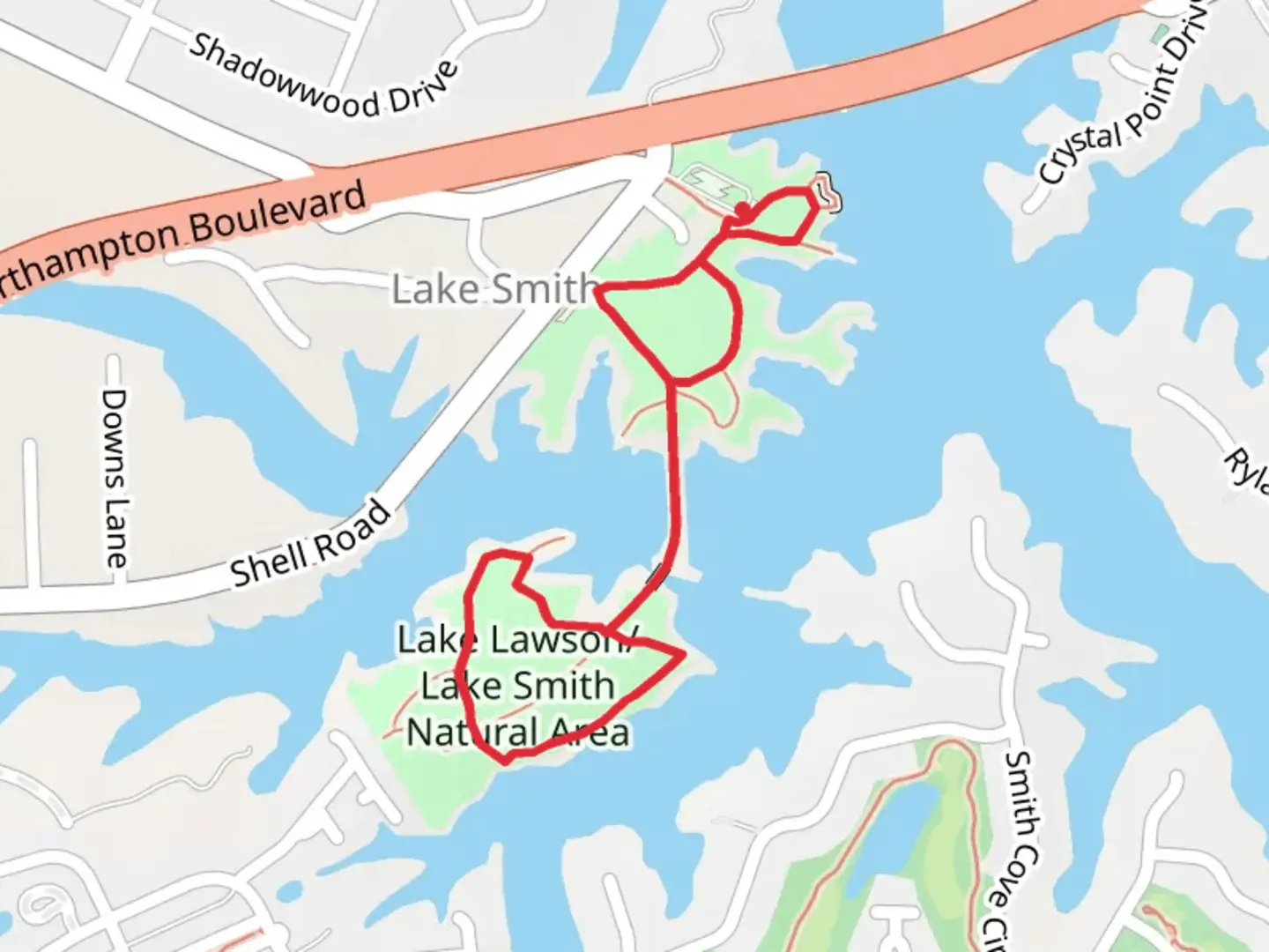 An image depicting the trail Lake Lawson-Lake SMith Natural Area Loop and its surrounding area.