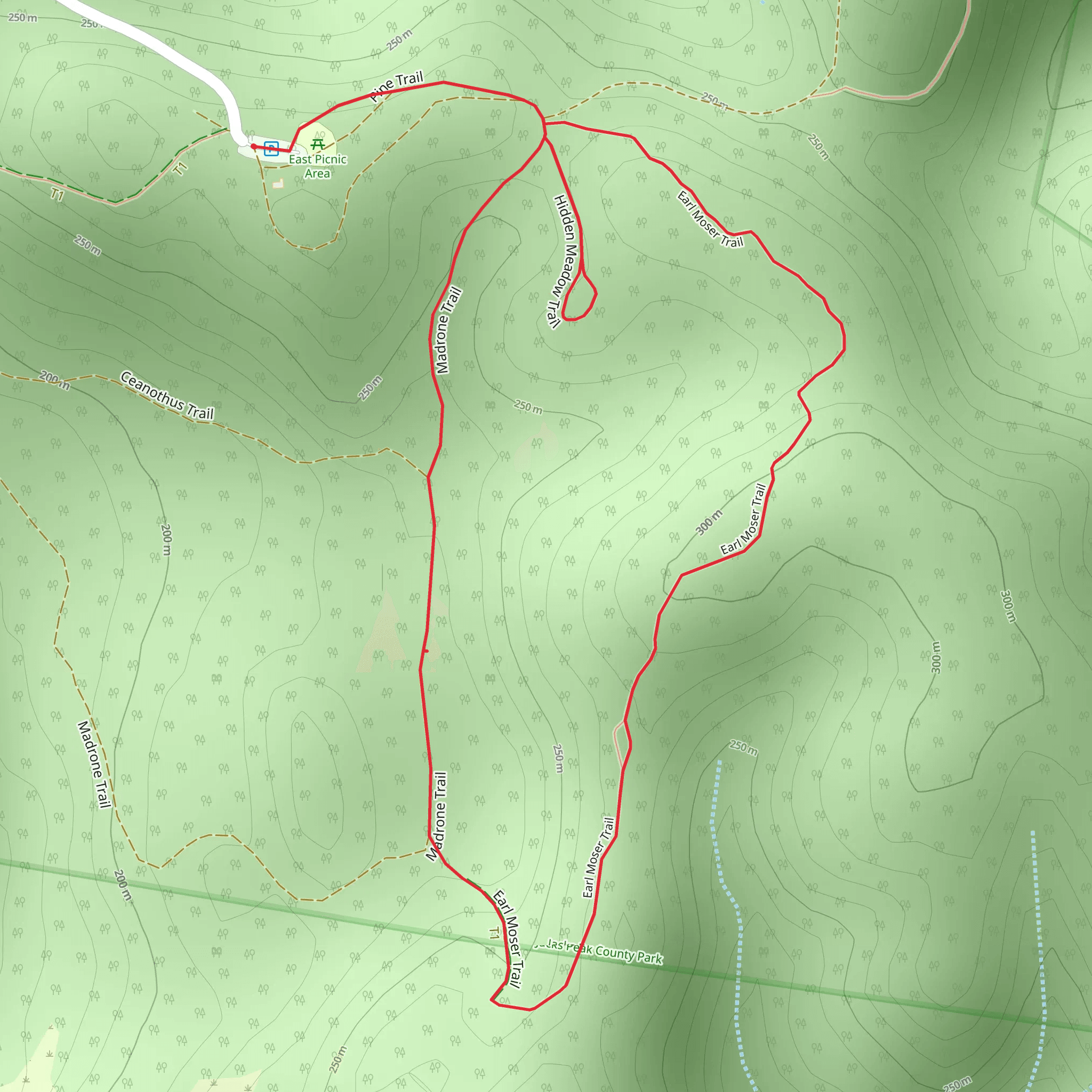 Earl Moser Trail, Madrone Trail and Hidden Meadow Trail Loop mobile static map